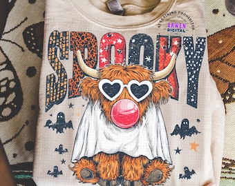Spooky Vibes Highland Cow PNG, Halloween Png, Funny Cow Png, Funny Fall Png, Cow Png, Trendy Halloween Blowing Bubble Gum Png