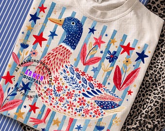 Mallard Duck PNG, American Flag PNG, Preppy Stripes, Retro Brushstroke, Independence, 4th of July Sublimation, Whimsical Duck Shirt Design