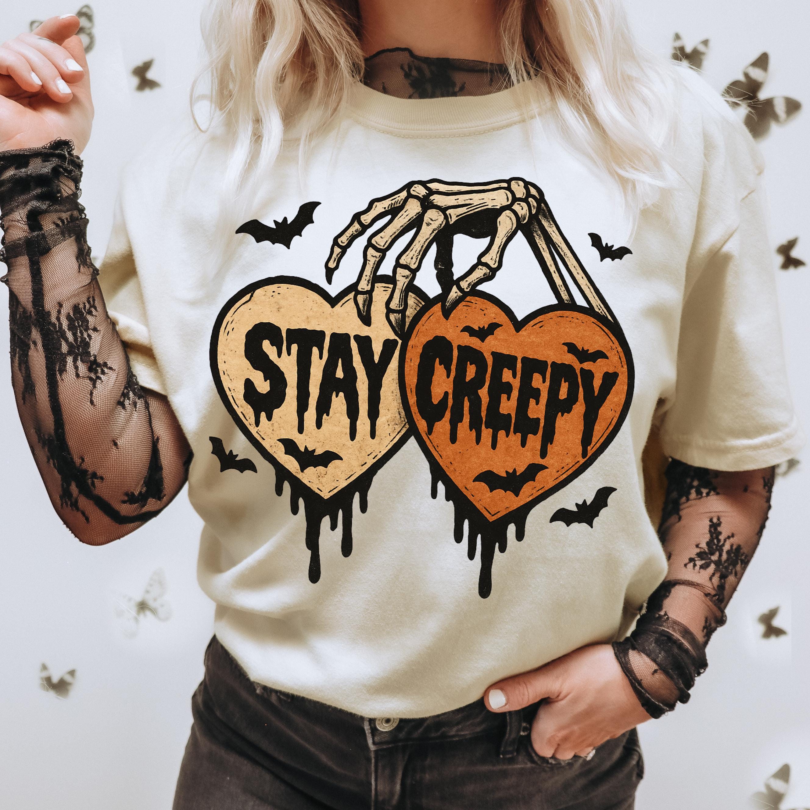 Stay Creepy PNG, Retro Dripping Heart Halloween Clipart, Skeleton Hand Spooky Graphic, Grunge Horror Sublimation Design Trendy Png