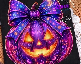 Vintage Halloween Png, Spooky Pumpkin PNG, Neon Coquette Bow PNG, Retro Pumpkin Sublimation, Scary Season PNG, Halloween Digital Download