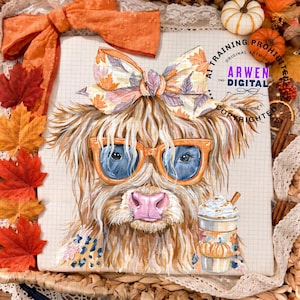 May include: A digital illustration of a Highland cow wearing orange-rimmed blue sunglasses and a patterned bow, featuring a coffee cup with a pumpkin design and whipped cream. The artwork includes text reading ARWEN DIGITAL and AI TRAINING PROHIBITED.