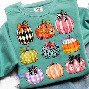 May include: A teal crewneck sweatshirt featuring a graphic print of eight decorative pumpkins. The pumpkins display various patterns including black and white diamonds, floral motifs, pink stripes, leopard spots, polka dots, and ghost prints.