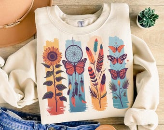 Boho Wildflowers PNG Design, Boho Feathers Flowers PNG Files, Dreamcatcher Sublimation PNG, Butterfly Floral Shirt Png, Tshirt Digital png