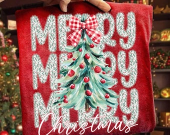 Coquette Floral Merry Christmas Png, Preppy Christmas Bow Png, Checkered Red Plaid Png, Christmas Tree , Faux Glitter, Coquette Bow Png