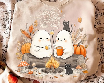 Retro Cute Ghost Halloween Png, Fall Camping Boo Ghosts Png, Autumn Floral Png, Spooky Season Png, Cozy Camping Halloween Png, Campfire Png