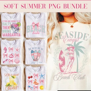 Op de afbeelding: Een set van vijf digitale ontwerpen voor T-shirts met zomerse graphics. De ontwerpen omvatten een margarita, een beach babe, een beach bum, een seaside cowgirl en een ontwerp met de tekst 'Het leven is kort, limonade is zoet'. De ontwerpen zijn allemaal in de kleuren roze, blauw en groen.