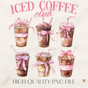 Iced Coffee Club Sweatshirt & Sleeve Watercolor PNG Design | Trendy Mom Coffee Lover Coquette Bow PNG DTF Sublimation