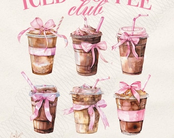 Iced Coffee Club-tröja och ärm i akvarell PNG-design | Trendig mammakaffeälskare-kokett-rosett PNG DTF-sublimering