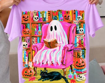 Retro Cozy Ghost Reading Halloween PNG, Book Lover Ghost Sublimation, Fall Library Boo Ghost Shirt PNG, Cute Spooky Bookshelf Ghost PNG