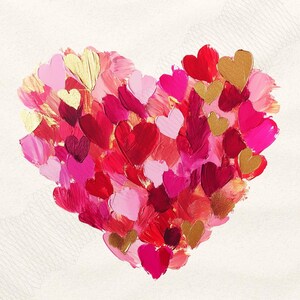 May include: A heart-shaped arrangement of painted hearts in shades of red, pink, and gold. The hearts are layered and overlapping, creating a textured and dimensional effect.