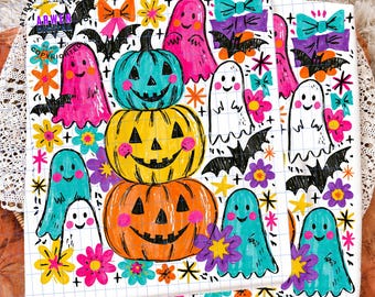 Preppy Halloween, Pumpkin Ghost PNG, Coquette Bow png, Colorful Ghost PNG, Girly Spooky Season Sublimation, Handdrawn Boutique Halloween