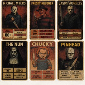 Pacote de cartas colecionáveis de terror vintage PNG, arquivo digital de filme de terror retrô de terror Halloween Killers, conjunto de clipart de filme de terror assustador
