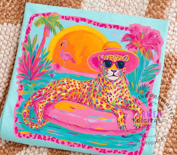 Preppy Summer PNG Viral Summer PNG Girly Beach Tee Retro Leopard Shirt Design Cute Summer Colorful Summer Vibes png Sublimation
