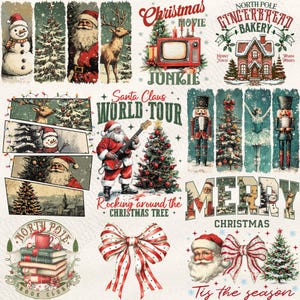 May include: A collection of vintage-style Christmas-themed illustrations. The images include Santa Claus, snowmen, reindeer, Christmas trees, nutcrackers, and festive text. The color palette features reds, greens, and whites, evoking a nostalgic holiday feel.