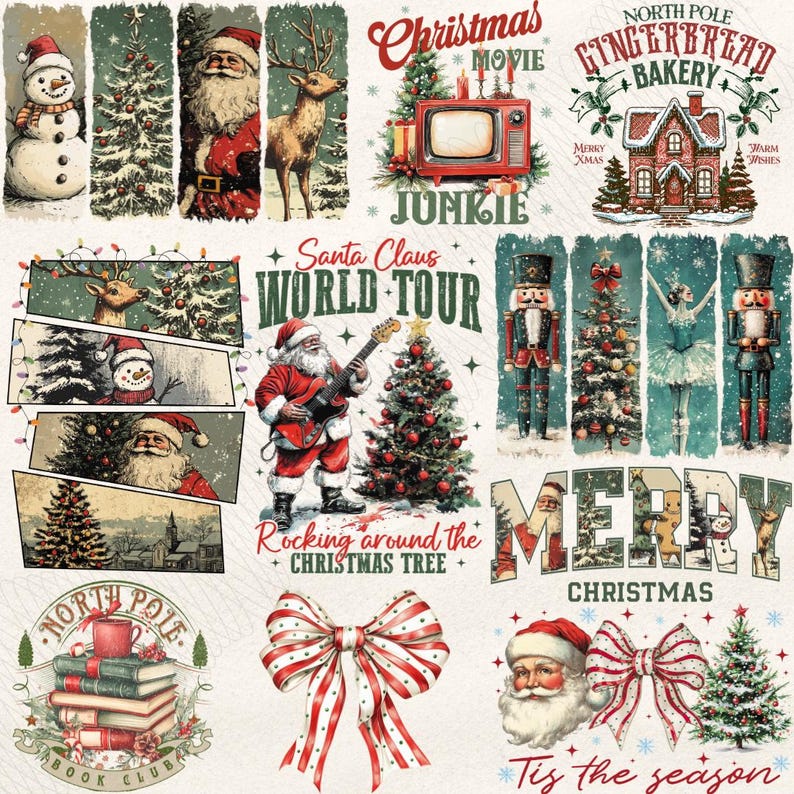 May include: A collection of vintage-style Christmas-themed illustrations. The images include Santa Claus, snowmen, reindeer, Christmas trees, nutcrackers, and festive text. The color palette features reds, greens, and whites, evoking a nostalgic holiday feel.