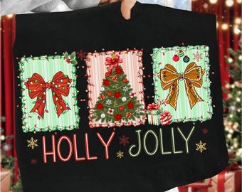 Coquette Holly Jolly Christmas Png, Merry and Bright Png, Preppy Christmas Tree png, Distressed Christmas Shirt PNG, Christmas Girly