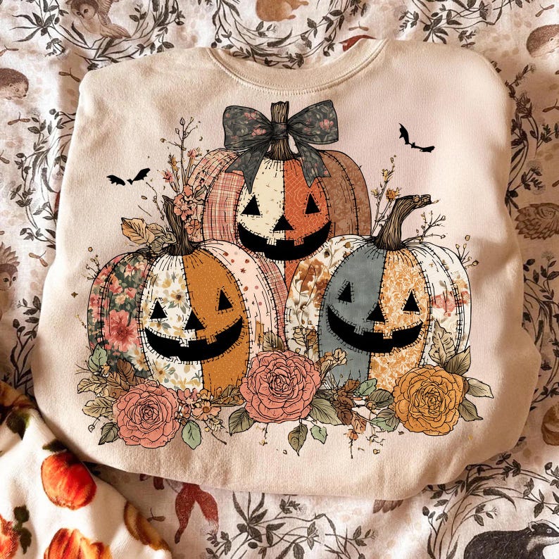 May include: Beige sweatshirt featuring a Halloween-themed design. The design includes three smiling pumpkins with floral and plaid patterns, surrounded by flowers and bats. The pumpkins have a patchwork design with a bow on top.