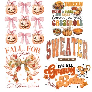 May include: A collection of fall-themed graphics, including watercolor pumpkins with carved faces, pink bows, and text that reads "Fall for Jesus" and "It's all Gravy Baby." The image has a vintage, rustic aesthetic.