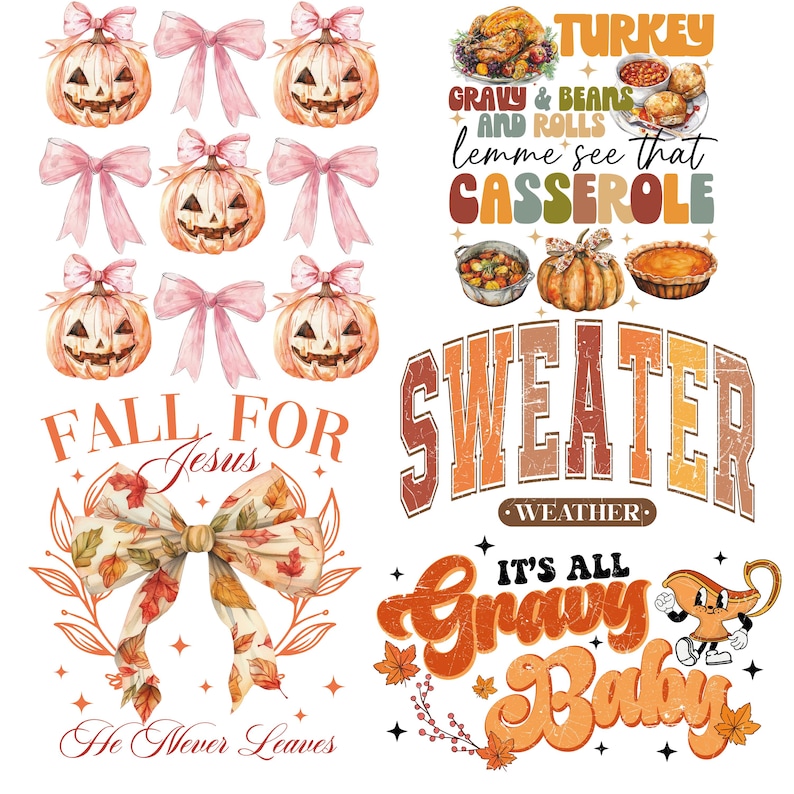 May include: A collection of fall-themed graphics, including watercolor pumpkins with carved faces, pink bows, and text that reads "Fall for Jesus" and "It's all Gravy Baby." The image has a vintage, rustic aesthetic.