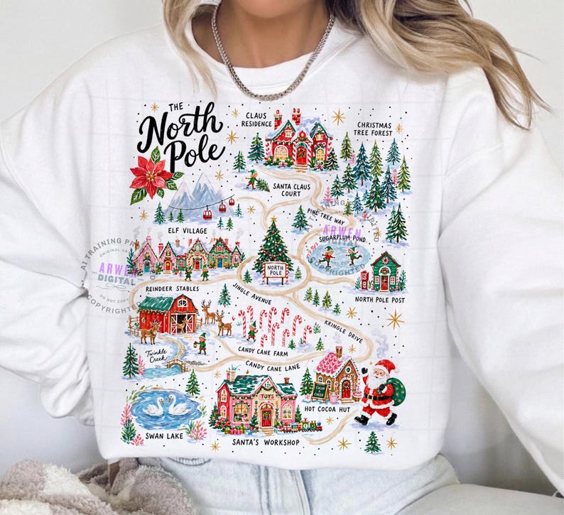 May include: A white long-sleeve sweatshirt featuring a colorful illustrated map of the North Pole. The graphic includes labels for Santa's Workshop, Reindeer Stables, Elf Village, and Candy Cane Lane, with festive imagery of trees, snow, and Santa Claus.