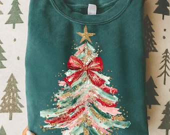 Albero di Natale preppy PNG Disegno a mano disordinato scarabocchio rosso acceso PNG Pennellate civettuole Fiocco glitter finto oro Ornamento festivo Arte vacanze