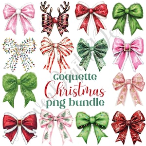Puede incluir: Una colecci&oacute;n de lazos navide&ntilde;os de acuarela en varios estilos y colores, incluyendo rosa, rojo, verde y dorado. Algunos lazos presentan purpurina, luces y patrones festivos. Tambi&eacute;n se incluye el texto "coquette Christmas png bundle".