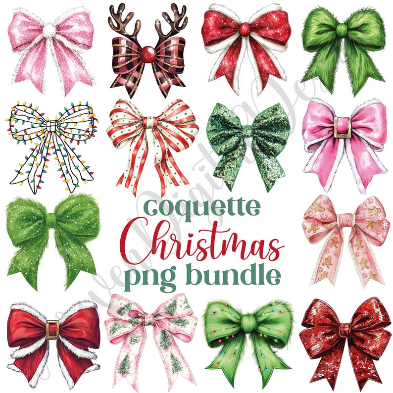 Puede incluir: Una colecci&oacute;n de lazos navide&ntilde;os de acuarela en varios estilos y colores, incluyendo rosa, rojo, verde y dorado. Algunos lazos presentan purpurina, luces y patrones festivos. Tambi&eacute;n se incluye el texto "coquette Christmas png bundle".