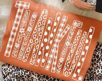 White Thankful PNG, Distressed Fall Outline PNG, Leopard Plaid Floral Thanksgiving Design, Autumn Shirt PNG, Trendy Fall Sublimation