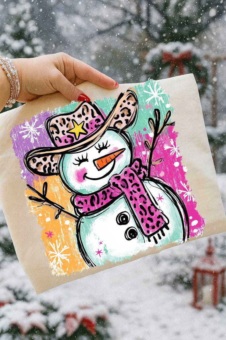 May include: A colourful illustration of a snowman wearing a leopard print cowboy hat and scarf. The snowman has a carrot nose, twig arms, and a smiling face. The background features colourful brushstrokes and snowflakes.