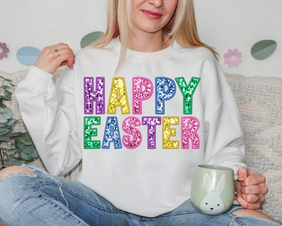 Happy Easter Sparkly Faux Sequins Easter Day Png, Cute Easter Day Shirt Design, Trendy Easter Day Png, Sublimation, Digital