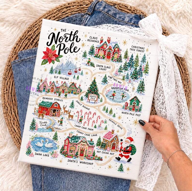 May include: A rectangular canvas print featuring a colorful illustrated map of the North Pole. The map includes labels for Claus Residence, Elf Village, Reindeer Stables, Candy Cane Farm, Santa's Workshop, and Swan Lake, with a central Santa Claus figure.