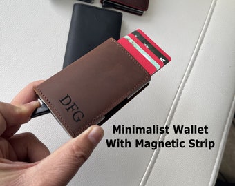 Minimalist MAGNETIC Closure Engraved Genuine Leather Wallet. Personalized Customized CHRISTMAS Pop Up Card Holder Gift for Him,Her,Dad,Mom