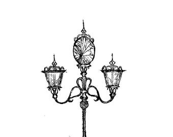 Vintage Sketch Print Lamp Post and Cracked Mirror