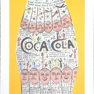 Signed HOWARD FINSTER Folk Art Coca-Cola Lithograph - Unframed 50/1200 - Yellow - Exc+