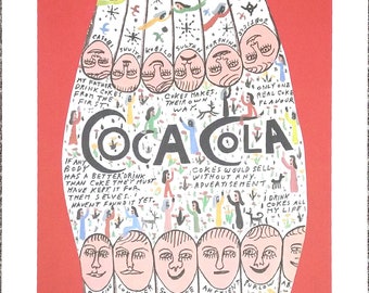 Signed HOWARD FINSTER Folk Art Coca-Cola Lithograph - Unframed 682/1200 - Red