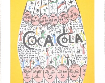 Signed HOWARD FINSTER Folk Art Coca-Cola Lithograph - Unframed 51/1200 - Yellow - Exc+