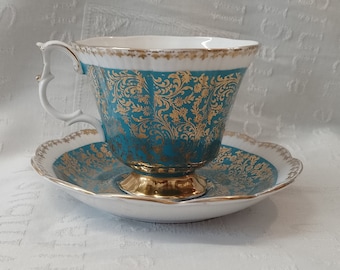 BUCKINGHAM Turquoise by ROYAL ALBERT. Bone China, Made in England. Tea Cup and Saucer. Turquoise with Gold Chintz. Gold Detailing.