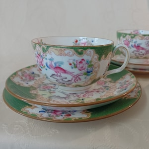 RARE Antique MINTONS COCKATRICE Teacup 8.5cm, Saucer 14cm and Plate Chartreuse Green. Hand Painted Enamel. Made in England. 1912