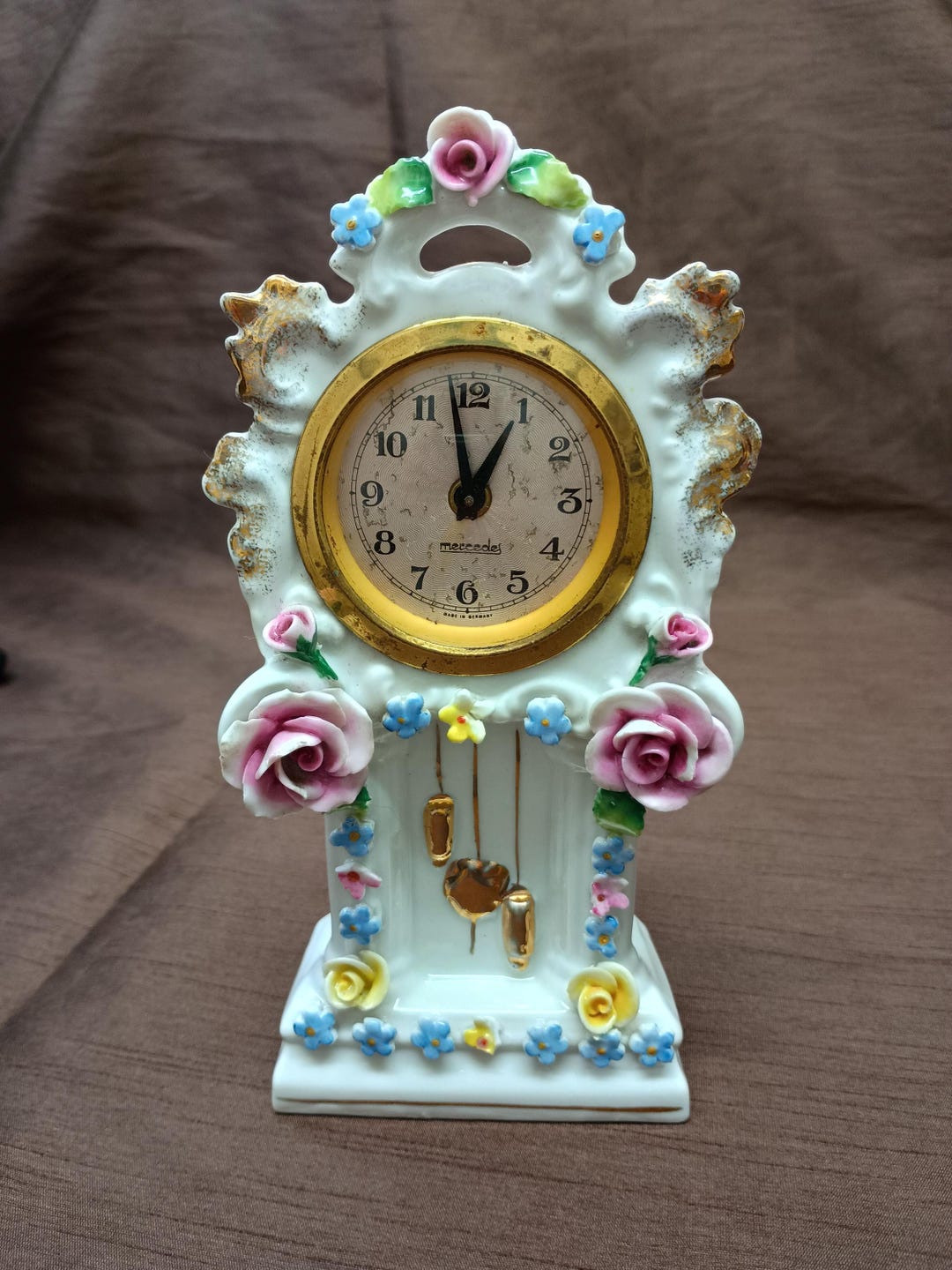 Vintage Porcelain Mercedes German Mechanical Wind up Mantel Clock
