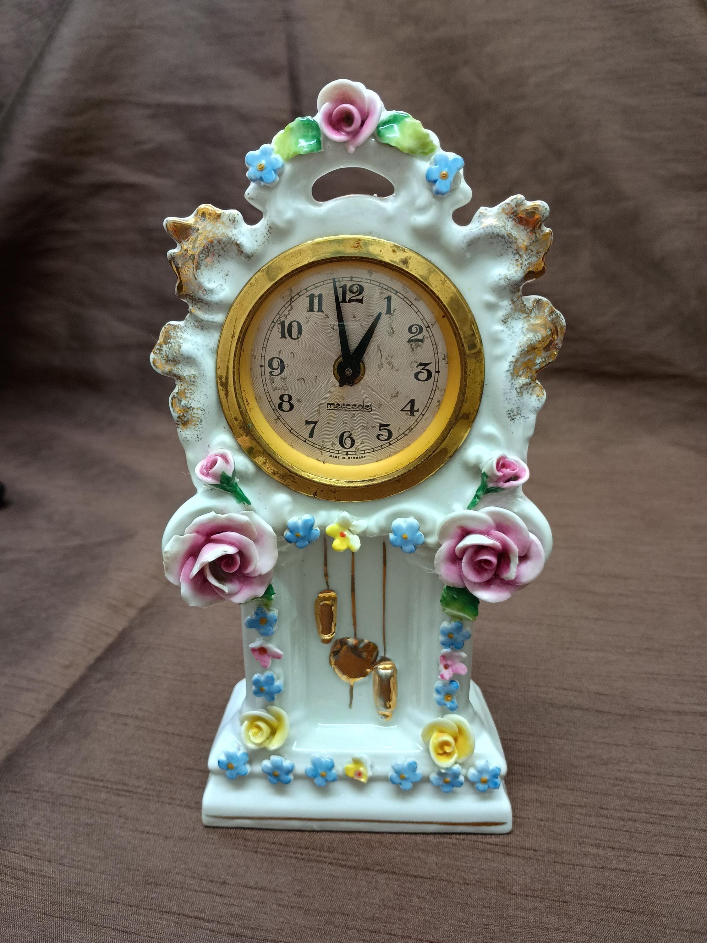 Vintage Porcelain Mercedes German Mechanical Wind up Mantel Clock