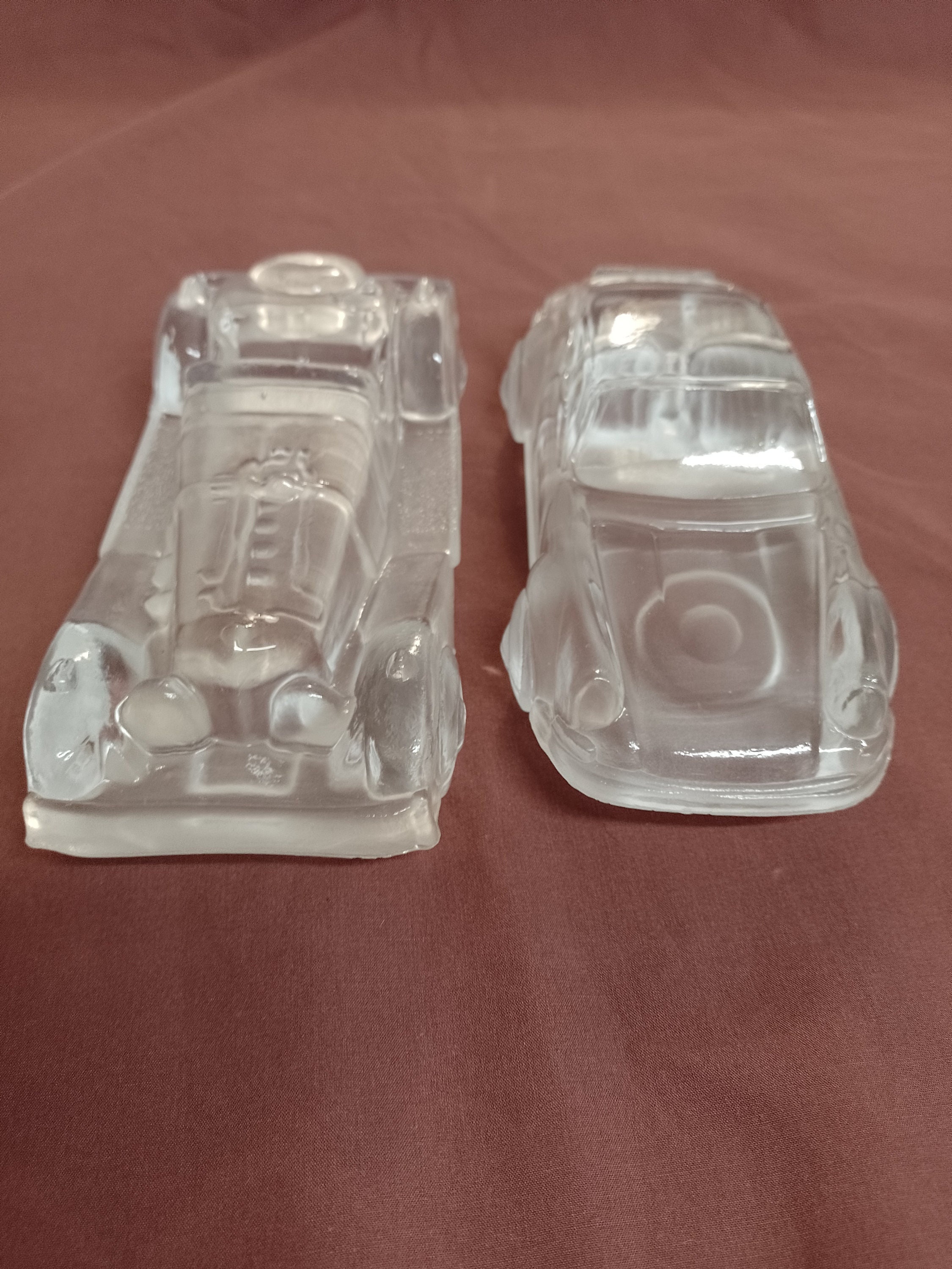 2 FROSTED Glass Model CAR Figurines. PORSCHE and 1930's Sports Car