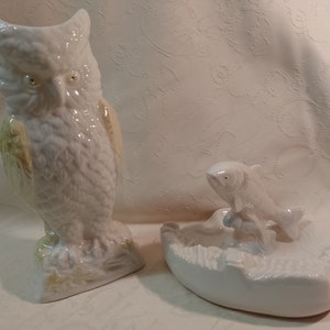 Vintage BELLEEK Fine Irish Porcelain OWL Vase 8 Inches and Leaping SALMON. Hand painted
