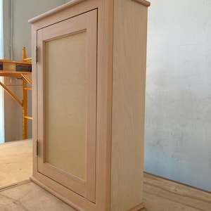May include: A light wood cabinet with a single door and a simple design. The cabinet is unfinished and ready to be painted or stained.