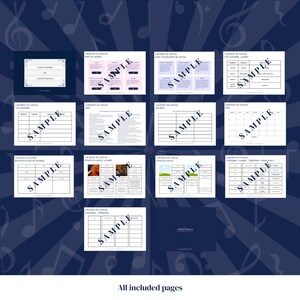 Puede incluir: Un conjunto de p&aacute;ginas imprimibles en franc&eacute;s, dise&ntilde;adas para ayudar a planificar y organizar un concierto de m&uacute;sica. Las p&aacute;ginas incluyen secciones para las fechas, las horas, los ensayos y otros detalles. Las p&aacute;ginas son en blanco y negro con un fondo azul.