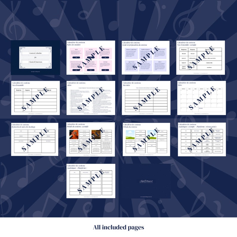 Puede incluir: Un conjunto de p&aacute;ginas imprimibles en franc&eacute;s, dise&ntilde;adas para ayudar a planificar y organizar un concierto de m&uacute;sica. Las p&aacute;ginas incluyen secciones para las fechas, las horas, los ensayos y otros detalles. Las p&aacute;ginas son en blanco y negro con un fondo azul.