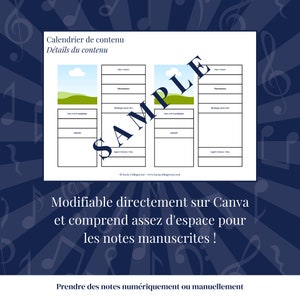 Puede incluir: Una plantilla de calendario de contenido imprimible con un fondo azul y notas musicales. La plantilla est&aacute; dividida en tres secciones, cada una con un t&iacute;tulo y varias l&iacute;neas en blanco para escribir. El texto "Calendrier de contenu" y "D&eacute;tails du contenu" est&aacute; en la parte superior de la plantilla. El texto "Modifiable directamente sur Canva et comprend assez d'espace pour les notes manuscrites!" est&aacute; en la parte inferior de la plantilla. El texto "Prendre des notes num&eacute;riquement ou manuellement" est&aacute; en la parte inferior de la plantilla.