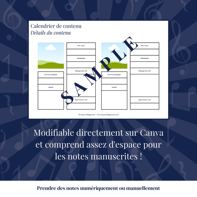Puede incluir: Una plantilla de calendario de contenido imprimible con un fondo azul y notas musicales. La plantilla est&aacute; dividida en tres secciones, cada una con un t&iacute;tulo y varias l&iacute;neas en blanco para escribir. El texto "Calendrier de contenu" y "D&eacute;tails du contenu" est&aacute; en la parte superior de la plantilla. El texto "Modifiable directamente sur Canva et comprend assez d'espace pour les notes manuscrites!" est&aacute; en la parte inferior de la plantilla. El texto "Prendre des notes num&eacute;riquement ou manuellement" est&aacute; en la parte inferior de la plantilla.