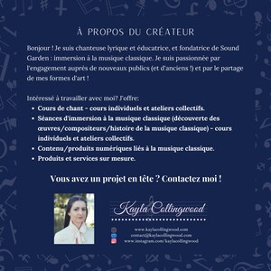 Puede incluir: Un gr&aacute;fico azul y blanco con el texto "&Agrave; PROPOS DU CR&Eacute;ATEUR" y una foto de una mujer con cabello oscuro y una camisa blanca. El texto debajo de la foto dice "Kayla Collingwood" e incluye informaci&oacute;n de contacto para el sitio web, el correo electr&oacute;nico y Instagram.