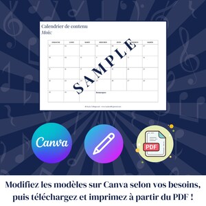 Puede incluir: Una plantilla de calendario blanca con las palabras francesas "Calendrier de contenu" y "Mois:" en la parte superior. El calendario est&aacute; dividido en siete columnas para cada d&iacute;a de la semana, comenzando con "Dimanche" y terminando con "Samedi". El calendario tiene una secci&oacute;n en la parte inferior etiquetada como "Remarques". La imagen tambi&eacute;n incluye un logotipo de Canva, un icono de l&aacute;piz y un icono de PDF.