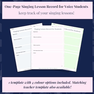 Op de afbeelding: Een printbaar zangles-record voor zangstudenten. De sjabloon bevat vier kleur opties: wit, roze, groen en blauw. De tekst op de pagina luidt "Singing Lesson Record for Students".